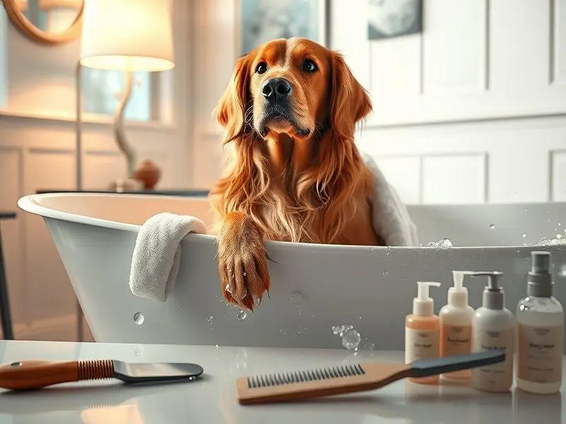 Cuidados Essenciais para Pets: Banho e Tosa Imagem de um cão sendo banhado em uma casa detalhada com produtos de higiene.