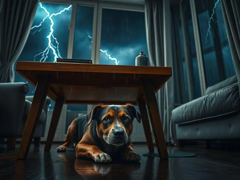 Ansiedade de um Cachorro na Tempestade Cachorro sofrendo com o medo de relâmpagos durante uma tempestade.