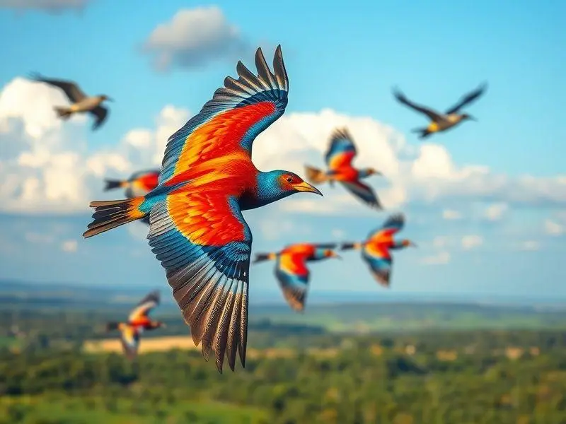 Imagem ultrarrealista de aves migratórias em voo, com foco no churrinche.
