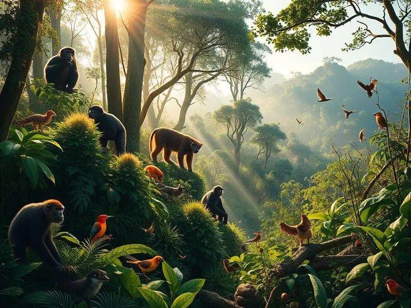 Imagem ultrarrealista de uma floresta com animais selvagens em seu habitat natural.